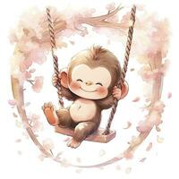 ai gegenereerd schattig gelukkig baby aap Aan schommels Aan een boom in waterverf. ai gegenereerd foto