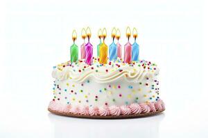 ai gegenereerd kleurrijk verjaardag taart met kaarsen geïsoleerd Aan wit achtergrond. ai gegenereerd foto