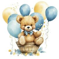 ai gegenereerd een waterverf baby teddy beer is zittend in de mand met blauw en goud ballonnen. ai gegenereerd foto