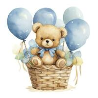 ai gegenereerd een waterverf baby teddy beer is zittend in de mand met blauw en goud ballonnen. ai gegenereerd foto