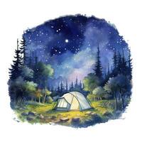 ai gegenereerd een camping tent in de Woud met nacht lucht, waterverf voor t-shirt ontwerp. ai gegenereerd foto