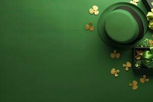 ai gegenereerd st Patrick dag concept. elf van Ierse folklore hoofddeksels geschenk dozen pot met goud munten. ai gegenereerd foto