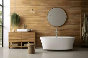 ai gegenereerd interieur van elegant badkamer met houten kastje, wasbak, bad, en spiegel. ai gegenereerd foto