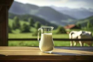 ai gegenereerd glas werper met vers melk Aan een houten tafel. ai gegenereerd foto