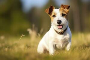 ai gegenereerd gelukkig jack Russell terriër huisdier hond aan het wachten, luisteren in de gras. ai gegenereerd foto