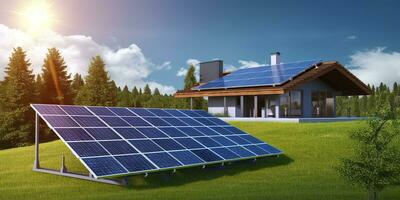 ai gegenereerd fotovoltaïsche zonne- panelen. duurzame energie. een mini macht fabriek voor een huis. generatief ai foto