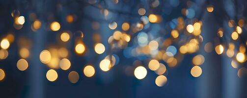 ai gegenereerd vakantie verlichting en decoratie concept, Kerstmis slinger bokeh lichten over- donker blauw achtergrond. ai gegenereerd foto