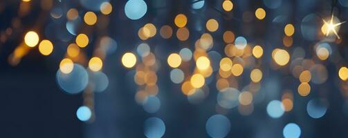 ai gegenereerd vakantie verlichting en decoratie concept, Kerstmis slinger bokeh lichten over- donker blauw achtergrond. ai gegenereerd foto