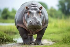 ai gegenereerd nijlpaard wandelen in een groen veld. ai gegenereerd foto