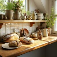 ai gegenereerd vers brood Aan houten tafel. gemaakt met generatief ai foto