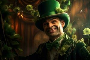 ai gegenereerd portret van een gelukkig elf van Ierse folklore met Klaver bladeren. st. Patrick dag. foto