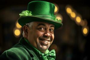 ai gegenereerd portret van een gelukkig elf van Ierse folklore met Klaver bladeren. st. Patrick dag. foto