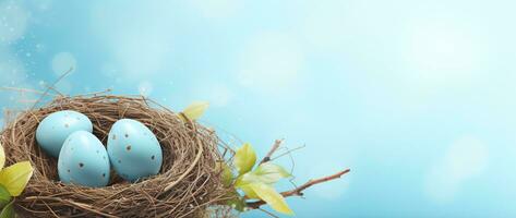 ai gegenereerd Pasen eieren in een nest Aan een blauw achtergrond foto