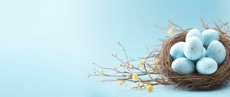 ai gegenereerd Pasen eieren in een nest Aan een blauw achtergrond foto