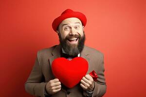 ai gegenereerd portret van een gelukkig Mens met een rood hart Aan Valentijnsdag dag concept. foto