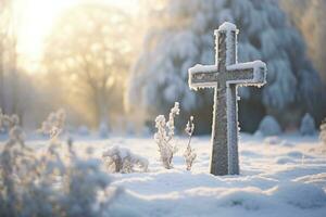 ai gegenereerd kruis in de winter Woud. christen kruis in de besneeuwd Woud. foto