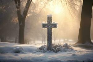 ai gegenereerd kruis in de winter Woud. christen kruis in de besneeuwd Woud. foto