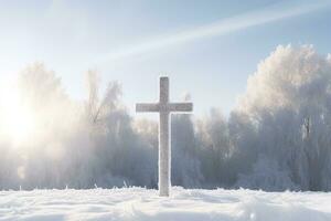 ai gegenereerd kruis in de winter Woud. christen kruis in de besneeuwd Woud. foto