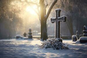 ai gegenereerd kruis in de winter Woud. christen kruis in de besneeuwd Woud. foto