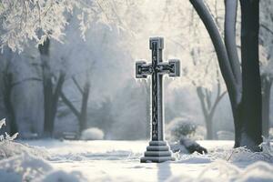 ai gegenereerd kruis in de winter Woud. christen kruis in de besneeuwd Woud. foto