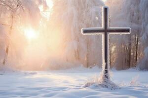 ai gegenereerd kruis in de winter Woud. christen kruis in de besneeuwd Woud. foto