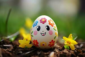 ai gegenereerd Pasen ei met een smiley gezicht en bloemen. generatief ai. foto