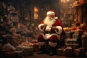 ai gegenereerd een Kerstmis tafereel van de kerstman claus met cadeaus foto