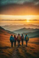 ai gegenereerd groep van wandelaars wandelen in de bergen Bij zonsondergang. reizen en avontuur concept, ai generatief. foto