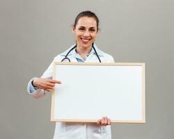 mooi vrouw dokter is Holding whiteboard Aan grijs achtergrond. foto