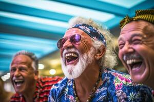 ai gegenereerd een groep van senior vrienden lach hartelijk samen, vervelend levendig hawaiiaans overhemden en accessoires, belichamen een zorgeloos en blij moment. foto