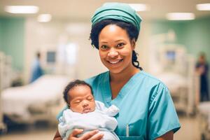 ai gegenereerd een vrolijk Afrikaanse Amerikaans verpleegster in blauw scrubs houdt een vredig pasgeboren baby in een neonataal ziekenhuis eenheid, met bedden in de achtergrond. foto