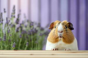 ai gegenereerd Guinea varken in voorkant van lavendel bloemen Aan houten oppervlakte foto