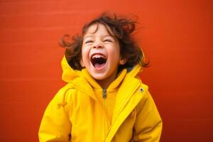 ai gegenereerd kind in geel lachend levendig tegen rood achtergrond foto