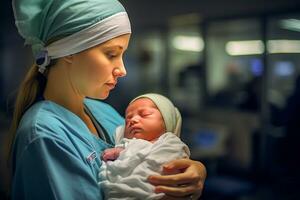 ai gegenereerd zorgzaam verpleegster in scrubs Holding een pasgeboren baby in ziekenhuis foto