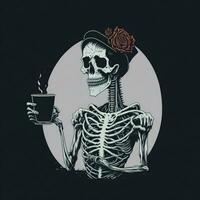ai gegenereerd grafiek van een skelet van een vrouw in een hoed drinken koffie foto