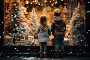 ai gegenereerd kinderen op zoek een venster van een Kerstmis winkel Aan Kerstmis dag foto
