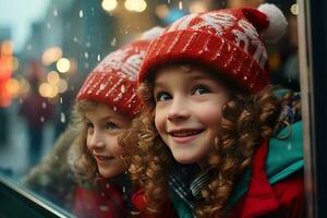 ai gegenereerd kinderen op zoek een venster van een Kerstmis winkel Aan Kerstmis dag foto