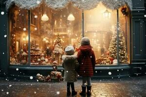 ai gegenereerd kinderen op zoek een venster van een Kerstmis winkel Aan Kerstmis dag foto