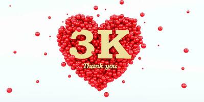 3d geven van een goud 3000 volgers dank u geïsoleerd Aan wit achtergrond, 3k, rood hart en rood ballonnen, foto