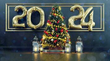 versierd Kerstmis boom Aan wazig achtergrond en gelukkig nieuw jaar concept 2024, 2024 ballonnen foto