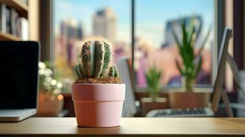 ai gegenereerd bloem pot Aan een kantoor bureau, sappig cactus vaas, generatief ai foto
