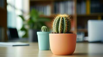 ai gegenereerd bloem pot Aan een kantoor bureau, sappig cactus vaas, generatief ai foto