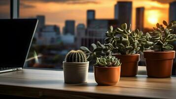 ai gegenereerd bloem pot Aan een kantoor bureau, sappig cactus vaas, generatief ai foto