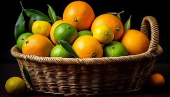 ai gegenereerd versheid van citrus fruit in een rieten mand, gezond aan het eten gegenereerd door ai foto