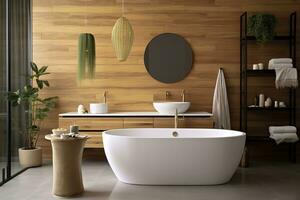 ai gegenereerd interieur van elegant badkamer met houten kastje, wasbak, bad, en spiegel. ai gegenereerd foto