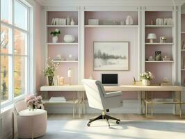 ai gegenereerd licht roze elegant huis kantoor met schappen en een bureau en laptop. hoog kwaliteit. ai generatief foto