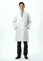 ai gegenereerd een mannetje onderzoeker vervelend een lang wit laboratorium jas. hoog kwaliteit. ai generatief foto