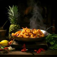 ai gegenereerd een ananas De volgende naar een wok gevulde met gebakken garnaal Aan de frituren pan. hoog kwaliteit. ai generatief foto