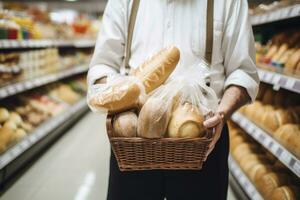 ai gegenereerd Mens Holding boodschappen doen mand met brood en melk boodschappen in supermarkt. ai gegenereerd foto