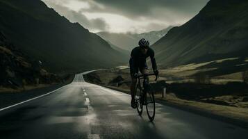 ai gegenereerd fietser Aan een dramatisch berg weg ai gegenereerd foto